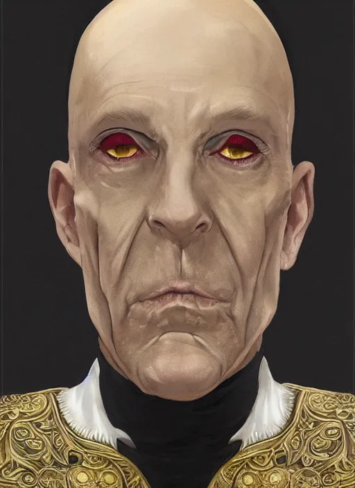 Image similar to a bald pale ninety year old sorcerer. stately and dour. eyeliner accentuates his sunken eyes. a high black turtleneck. opulent white golden red robe. white leather gloves with gold decoration, sharp focus, a downcast shadow, his hands crossed in front of his displeased face, illustration, digital painting, art by magali villeneuve