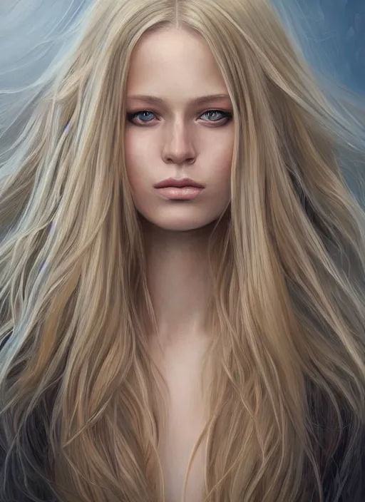 Image similar to a painting of a woman with long blonde hair, a photorealistic painting by magali villeneuve, featured on cgsociety, fantasy art, detailed painting, storybook illustration, photorealistic