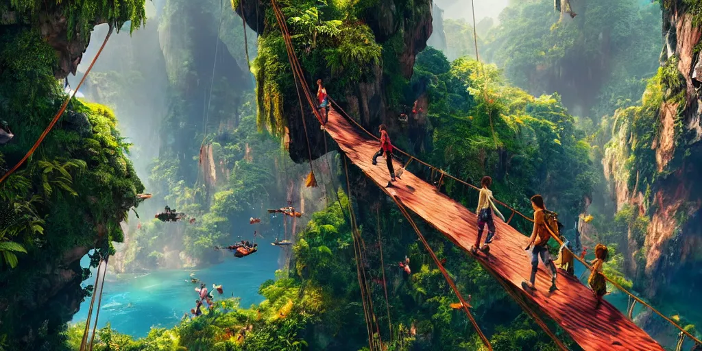 Image similar to wide angle view of colorful clothing fashion models crossing a suspended rope bridge over a deep canyon, mountainous jungle setting, trees, waterfall, river, rocks, dramatic lighting, highly detailed, artstation, unreal engine, matte painting in the style of craig mullins, Uncharted 4, fish eye lens, 8k HDR