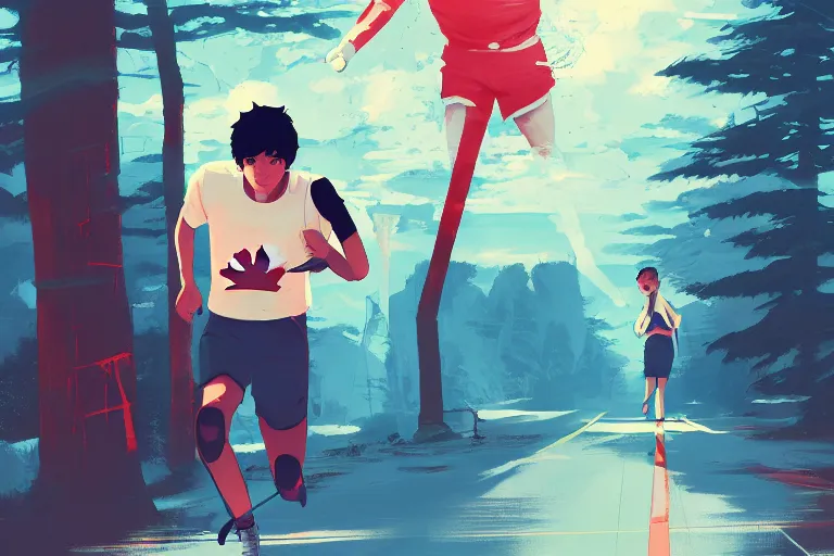 Image similar to terry fox running across canada by makoto shinkai, ilya kuvshinov, lois van baarle, rossdraws, basquiat