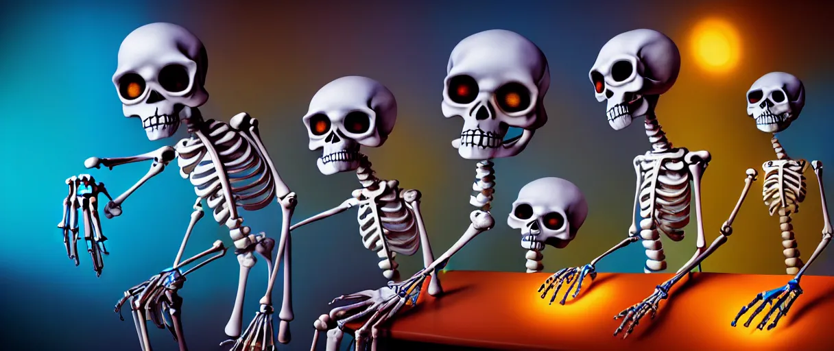 Prompt: hyperrealistic very cute multicolored skeletons mixing bones jason limon concept art dramatic blue lighting wide angle hd 8k sharp shallow depth of field