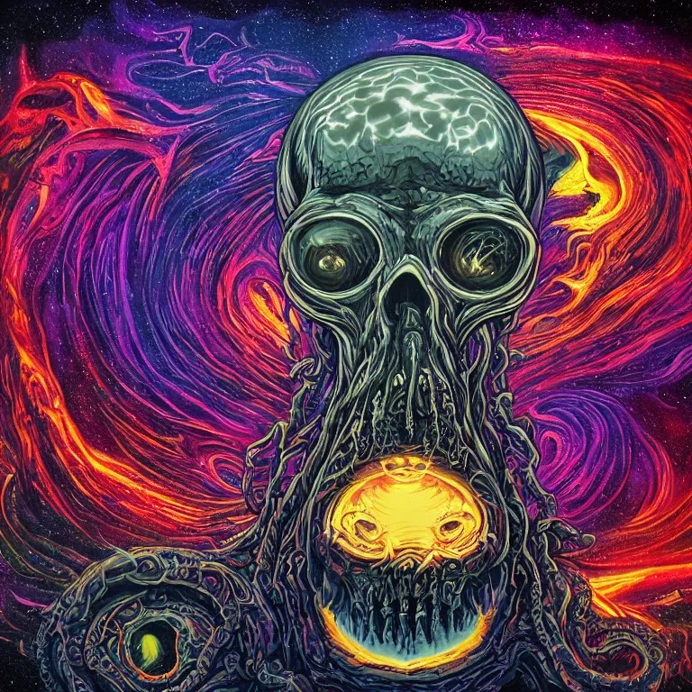 Image similar to a symmetrical composition of a giant skull with intricate rune carvings and glowing eyes with thick lovecraftian tentacles emerging from a space nebula by dan mumford, twirling smoke trail, a twisting vortex of dying galaxies, digital art, vivid colors, highly detailed