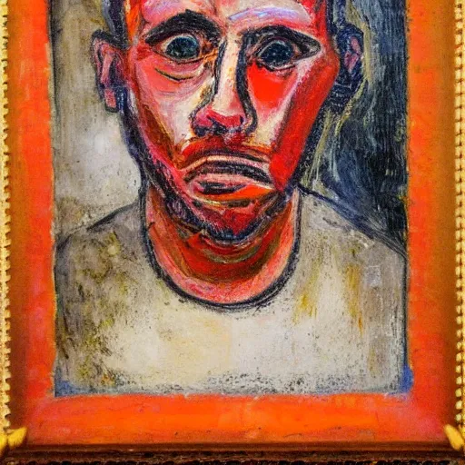 Image similar to an expressionism face portrait of a man used with Impasto, dark oranges reds and yellows, note detailed