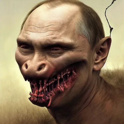 Image similar to vladimir putin, vladimir putin with pig nose, toothless mutant, horror, macabre by donato giancola and greg rutkowski and wayne barlow and zdzisław beksinski, realistic face, digital art