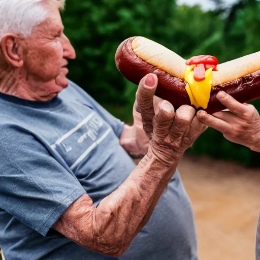 Prompt: elderly men fighting over a hotdog, 🌭, canon eos r 3, f / 1. 4, iso 2 0 0, 1 / 1 6 0 s, 8 k, raw, unedited, symmetrical balance, wide angle