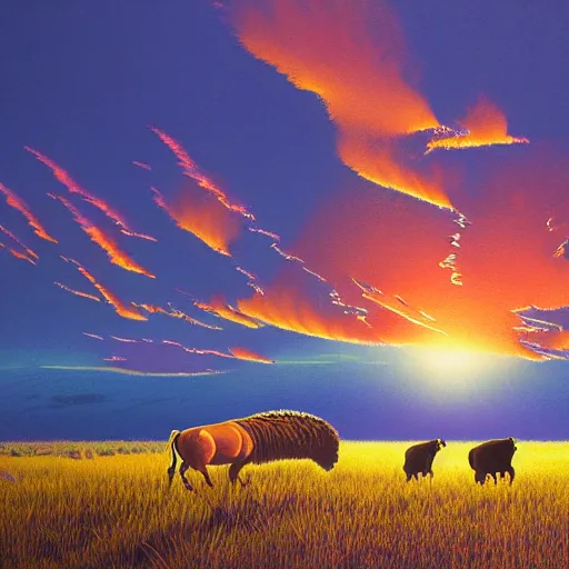 Image similar to a herd of bisons running in the prairie. epic sunset. a lone cowboy is riding on his horse following them. masterpiece. accidentally tripping on dmt and acid, psychedelic experience, overwhelming psychosis of self realization and burning awakening, ultra high definition, unreal engine 5, hyperrealism, masterpiece composition, by casey weldon, barclay shaw 8 k photorealistic