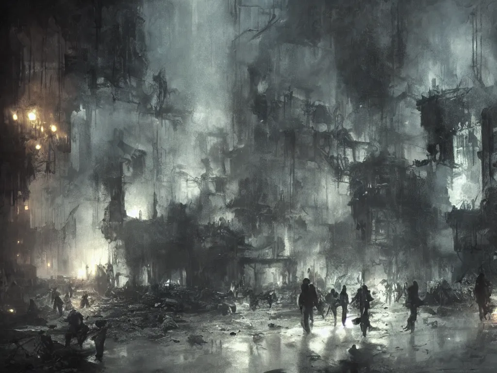 Prompt: detailed hell scene with people suffering and ghost, volumetric lighting, painting by jeremy mann