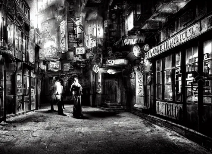 Prompt: people arguing in a film noir steampunk alley, psychedelic, fine texture, detailed, dramatic lighting, dark, neon