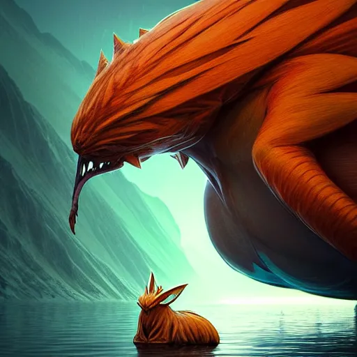 Image similar to ( ( pokemon ) ) creature creature in alaska, backlit, water reflection, warm tones : : by michal karcz, daniel merriam, victo ngai and guillermo del toro : : ornate, dynamic, particulate, intricate, elegant, highly detailed, centered, artstation, smooth, sharp focus, octane render, 3 d