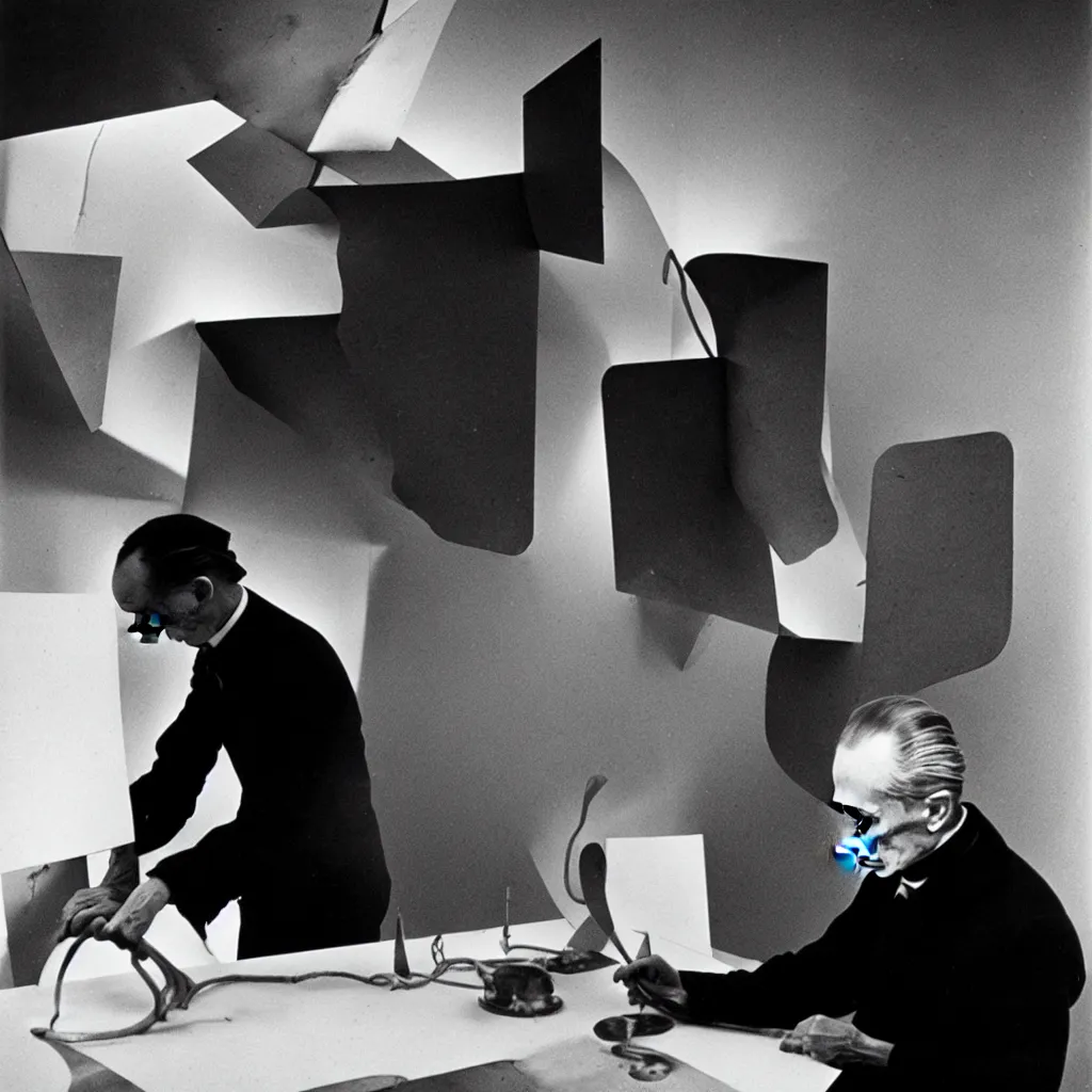 Image similar to a long exposure shot of Marcel Duchamp working on a readymade object, archival pigment print