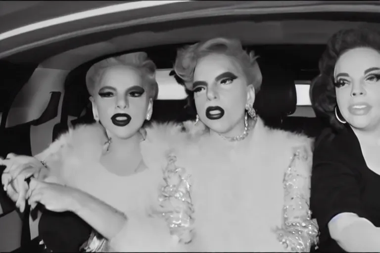 Image similar to lady gaga and judy garland doing carpool karaoke, lady gaga and judy garland, carpool karaoke, lady gaga, judy garland, carpool karaoke, youtube video screenshot, the late late show with james corden, higly realistic, high resolution, dashcam