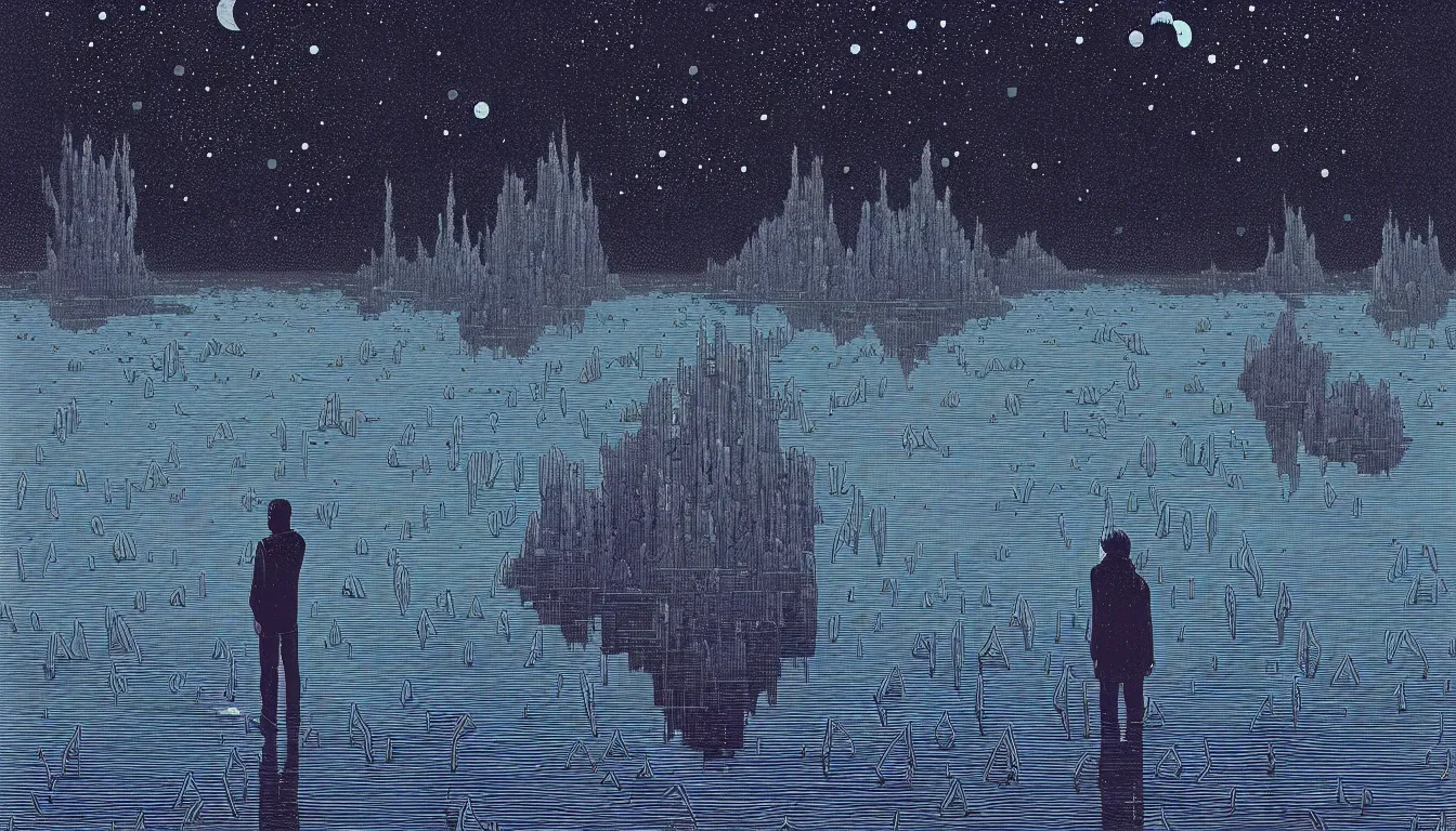 Prompt: standing by the water looking at a reflection of the night sky by nicolas delort, moebius, victo ngai, josan gonzalez, kilian eng