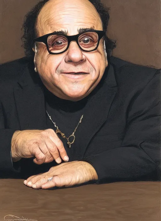 Image similar to danny devito sitting across the camera wearing a black choker staring into the camera, point of view, expensive restaurant, intricate, elegance, highly detailed, shallow depth of field, artgerm, donato giancola, joseph christian leyendecker