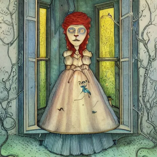 Prompt: a portrait of a woman standing infront of a window, she is happy and has lovely hair and eyes, a man is standing behind her with a look of suprise in his face, 8 k, lowbrow, in the style of daniel merriam and alexander jansson,