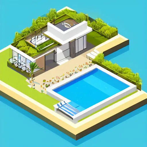 Image similar to an isometric illustration of a modern house by the beach,