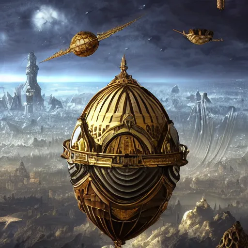 Image similar to enormous flying city in a faberge egg, sky, steampunk, fantasy art, masterpiece, unreal engine, hugh ferriss