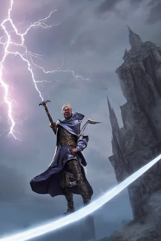 Prompt: hyper realistic wizard holding a sword that’s pointed towards the sky, getting shocked by lightning, octane, trending on artstation, hyper realistic, highly detailed, unreal engine, 8k