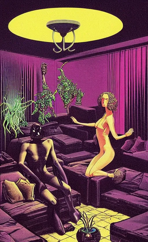 Image similar to Man and woman start to bounce in a living room of a house, floating dark energy surrounds the middle of the room. There is one living room plant to the side of the room, and another woman with siren body sitting on the sofa, surrounded by a background of dark cyber mystic alchemical transmutation heavenless realm, cover artwork by philippe caza, midnight hour, part by francis bacon, part by jeffrey smith, part by josan gonzales, part by norman rockwell, part by phil hale, part by kim dorland, rich deep color scheme, artstation, matte gouache illustration, highly detailed,