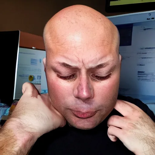 Image similar to crying sad hairless bald man crying at his computer with twitter open in the background, professional photo