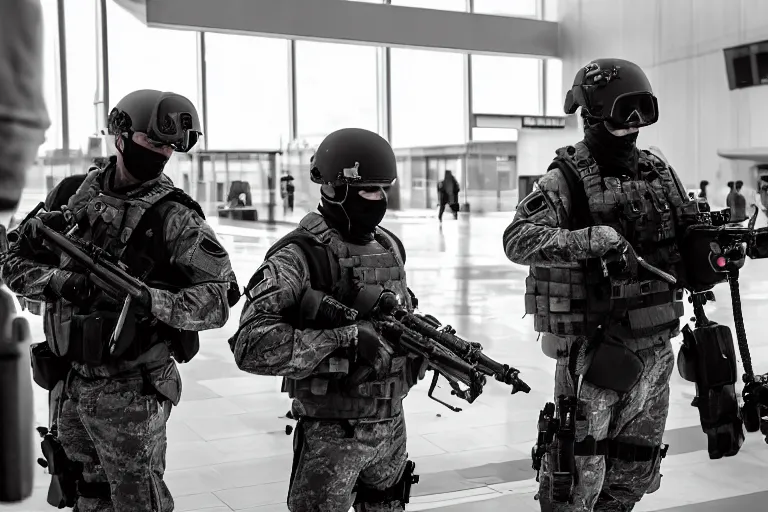 Image similar to Mercenary Special Forces soldiers in grey uniforms with black armored vest and black helmets fighting inside an airport in 2022, Canon EOS R3, f/1.4, ISO 200, 1/160s, 8K, RAW, unedited, symmetrical balance, in-frame, combat photography