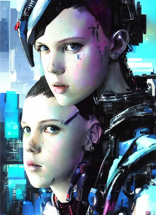 Prompt: Portrait of cyberpunk cyborg Millie Bobby Brown by Yoji Shinkawa