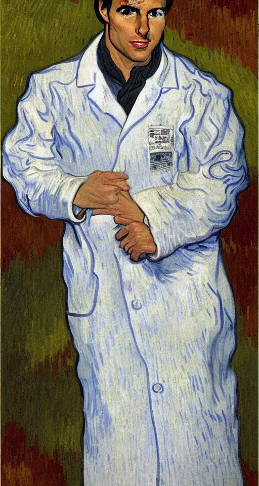 Image similar to Tom Cruise in white lab coat by Van Gogh