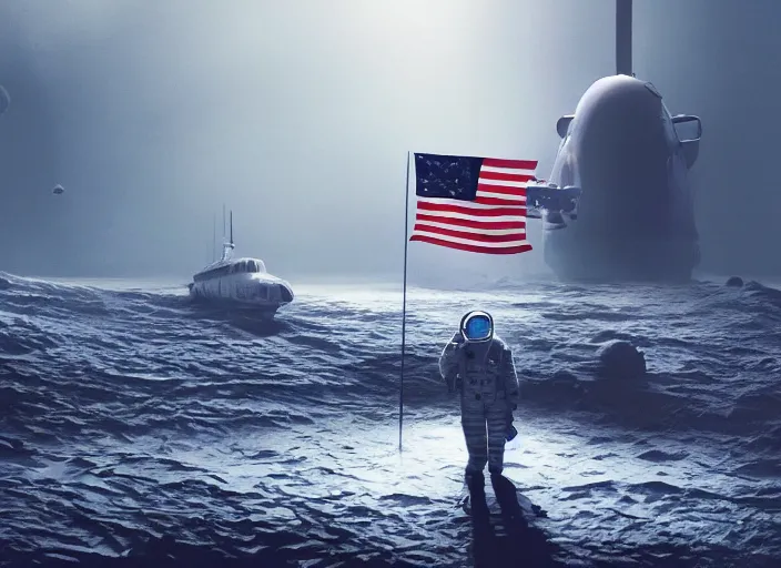 Image similar to astronaut holding a flag in an underwater desert. a submarine is visible in the distance. dark, concept art, cinematic, dramatic, atmospheric, 8 k, trending on artstation, blue, fish, low visibility, fog, ocean floor, christopher nolan, interstellar