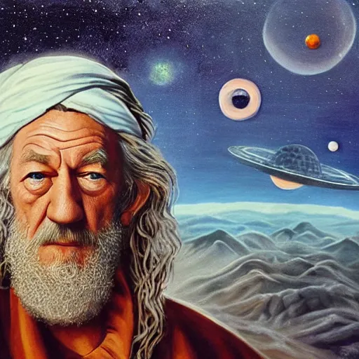 Prompt: painting of ian mckellen as osama bin laden fighting an alien invasion in deep space by creatures from jupiter, arial shot, highly detailed, award painting, 8 k, alien landscape