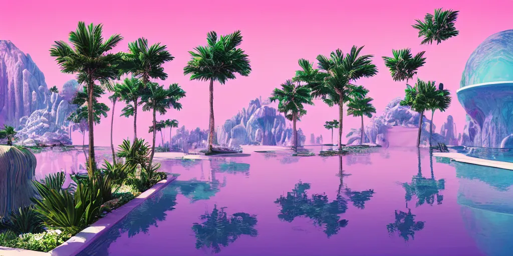 Image similar to Beeple masterpiece, hyperrealistic surrealism, award winning masterpiece with incredible details, epic stunning, infinity pool, a surreal vaporwave liminal space, highly detailed, trending on ArtStation, calming, meditative, pink arches, palm trees, very vaporwave, very very surreal, sharp details, dreamscape, giant head statue ruins