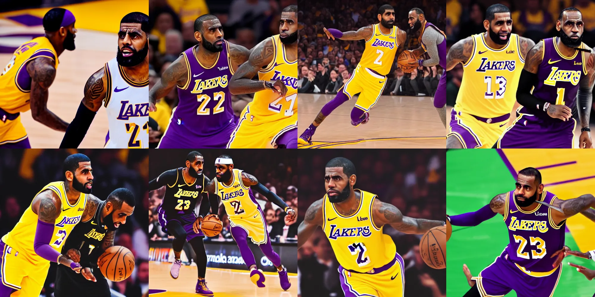 Prompt: Kyrie Irving in a Lakers jersey playing with Lebron James