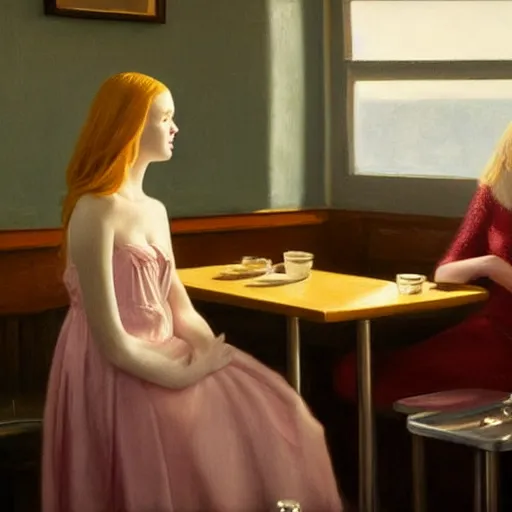 Prompt: Elle Fanning at a diner, head and shoulders portrait, stormy weather, extremely detailed masterpiece, Roger Deakin’s cinematography, oil on canvas, Edward Hopper,