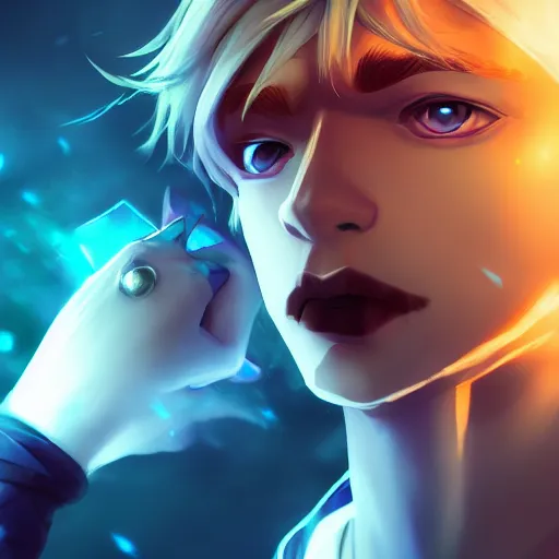 Image similar to league of legends character style of teenager boy, blonde hair, blue eyes, close up, cinematic light, dark room, detailed, photo, 8K