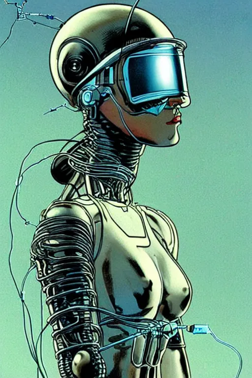 Prompt: A beautiful woman wearing a cybernetic helmet with many wires plugged into is and in her body by Moebius and Rahzzah