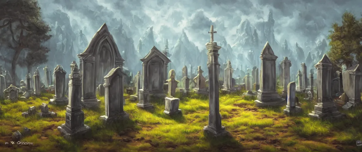 Prompt: dnd environment illustration, oil on canvas : : cemetary with crystal statues