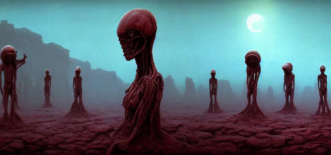 Image similar to alien landscape with eerie statues, painted by beksinski, 4 k, intricate details, unreal engine, dynamic lighting