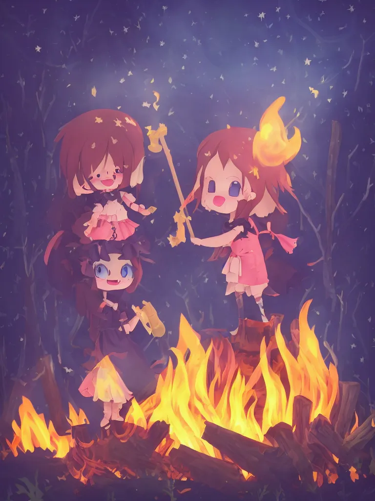 Image similar to cute fumo plush manic happy witch pyromaniac girl giddily starting a huge bonfire in the forest, anime, burning flames, warm glow and volumetric smoke vortices, rule of thirds composition, vignette, vray