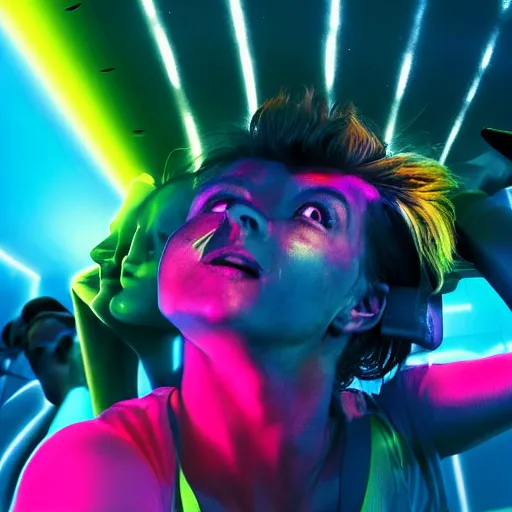 Prompt: soccer, futuristic, high def, realistic people, neon colours, high saturation,