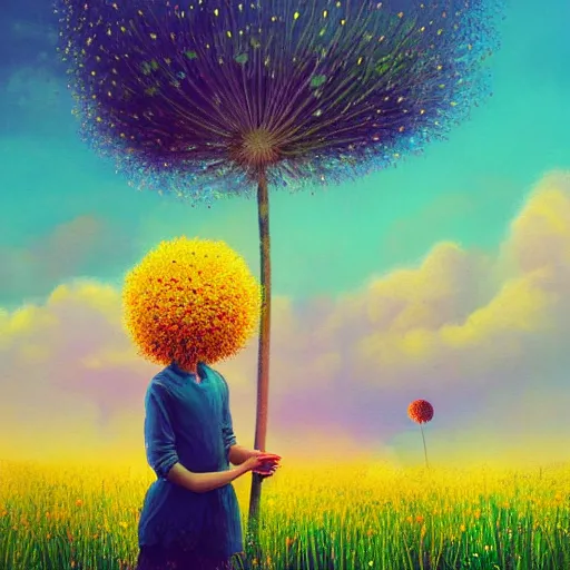 Image similar to girl with dandelion head, surreal photography, dream, standing in flower field, hills, big trees, sunrise dramatic light, impressionist painting, colorful clouds, digital painting, pointillism, artstation, simon stalenhag