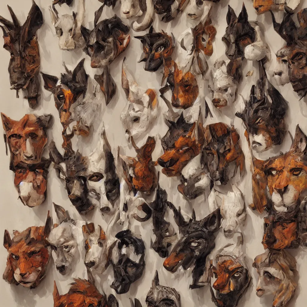 Image similar to a painting of a collection of animal masks hanging on a wall, by julie bell, detailed, concept art, trending on artstation, low light, dramatic