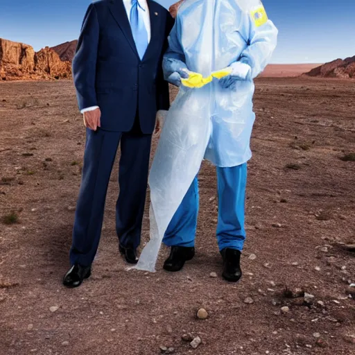 Image similar to Joe Biden and walter white holding ziploc bags of crystal blue meth, in the desert, film still, 4k, photorealistic, hd