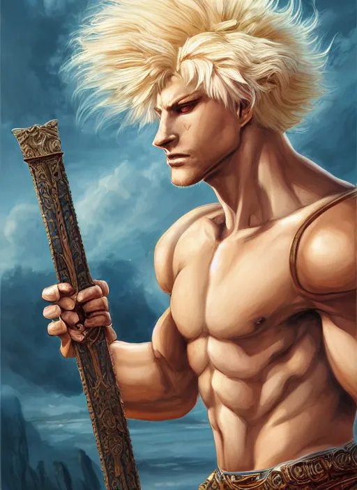 Prompt: aesthetic portrait commission of a of a male fully furry muscular anthro albino lion with a tail and a beautiful attractive hyperdetailed face, wearing ancient roman attractive gladiator outfit while holding a gladiators sword in his hand in a giant roman coliseum at golden hour. Character design by charlie bowater, ross tran, artgerm, and makoto shinkai, detailed, inked, western comic book art, 2021 award winning film poster painting