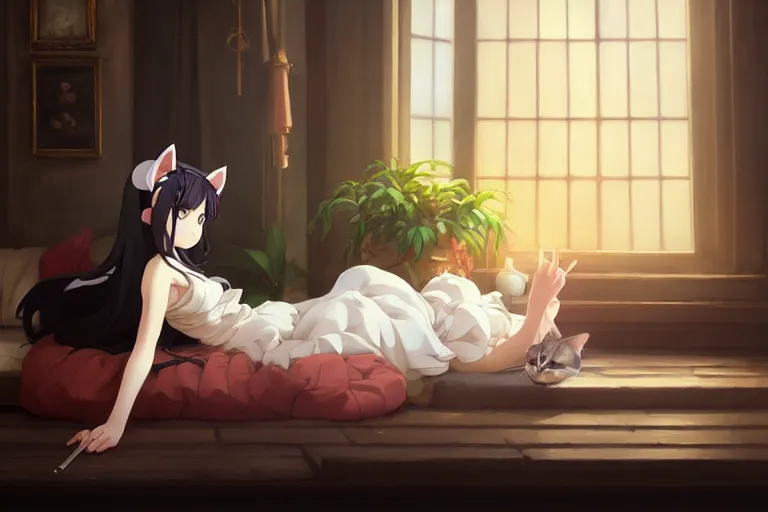 Prompt: baroque oil painting of anime key visual concept art of anime maid with cat ears lying down on sofa, soft lighting, new york apartment, potted plants, big window, trending on artstation, brush strokes, oil on canvas, style of makoto shinkai and greg rutkowski and studio ghibli