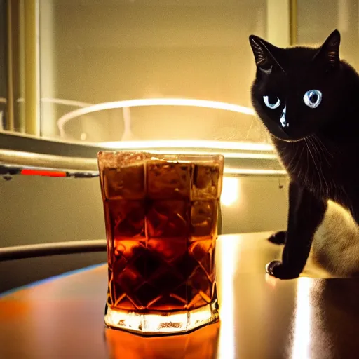 Prompt: cola with whisky in glass on a table and siamese cat sits near, cyberpunk lights, photo