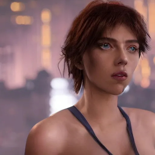 Image similar to a beautiful medium - shot still of scarlett johansson as the major motoko kusanagi from ghost in the shell, cyberpunk style, looking off into the distance, motoko kusanagi hair style, black hairs, ultra realistic, soft, blue hour, soft neons light from night city falling on her face. focus on her eyes and brows. by annie leibowitz