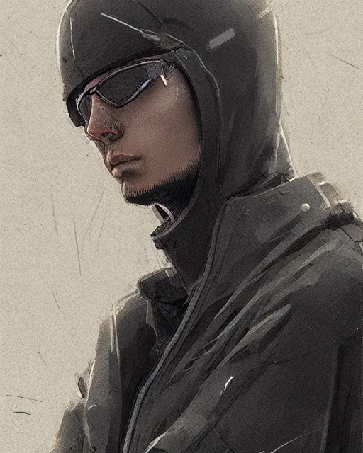 Image similar to Medium shot of a character wearing techwear in the style of greg rutkowski