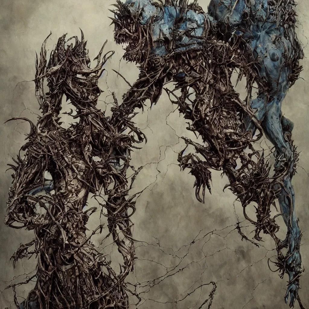 Prompt: A creepy armored horned fanged demon woman with blue scarred skin wrapped in barbed wire. Extremely high detail, realistic, fantasy art, solo, bones, ornate, textured, cgsociety masterpiece, saturated colors, tricate omnious visionary concept art tangled, ripped flesh, art by Zdzisław Beksiński, Arthur Rackham, Dariusz Zawadzki