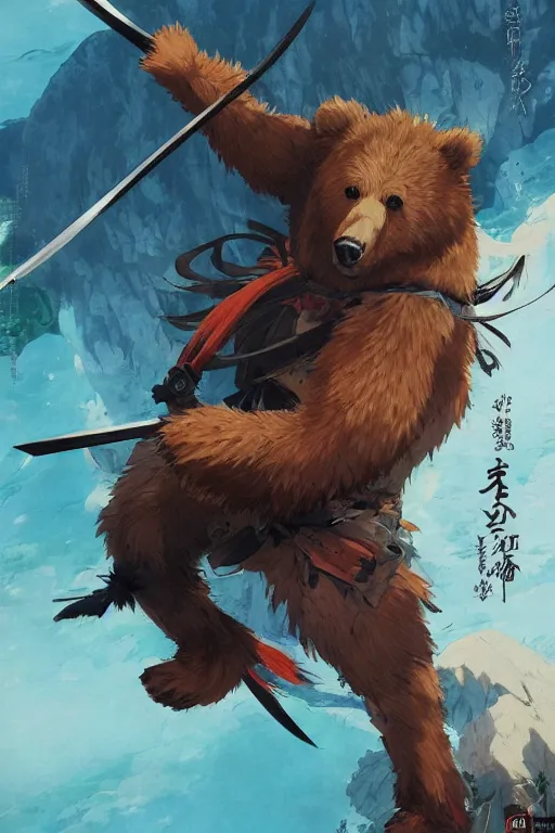 Image similar to key anime visuals rendering of a bear dressed as a ninja fighting with a katana. colorful design. higly detailed, intricate, greg rutkowski, directed by makoto shinkai, anime manga style, trending on art station.