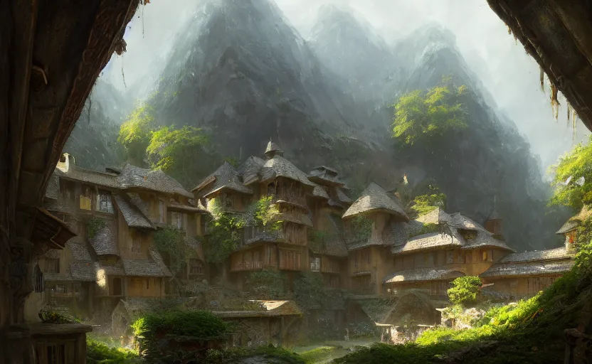 Image similar to painting of a series of opposing living quarters overlooking communal area carved into a mountain, lush garden with hot spring between, cozy bed, well maintained, clean, medieval, fantasy genre, natural light, fantasy, natural light, concept art, by greg rutkowski and craig mullins, cozy atmospheric and cinematic lighting, trending on artstation