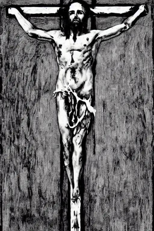 Image similar to bloody christ crucified looking like a big mushroom painted in black and white by cy twombly and andy warhol