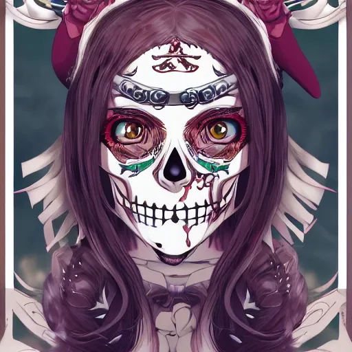 Image similar to anime manga skull portrait girl face pigtails pirate detailed highres 4k Trevor brown Mucha and James Jean pop art nouveau